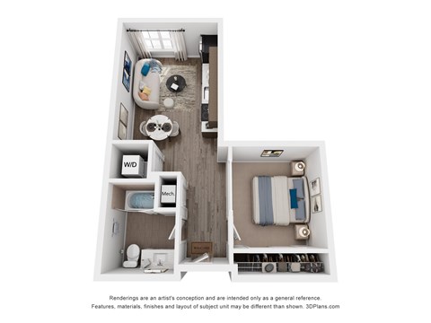 Floor plan for studio, 1 bath, 539 sqft